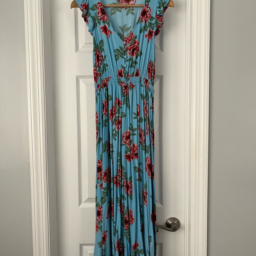 Petal & Pup Blue Floral Maxi Dress, Size M